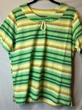 Bon Worth Yellow & Green Striped Short Sleeve Top with Keyhole grandmacore
